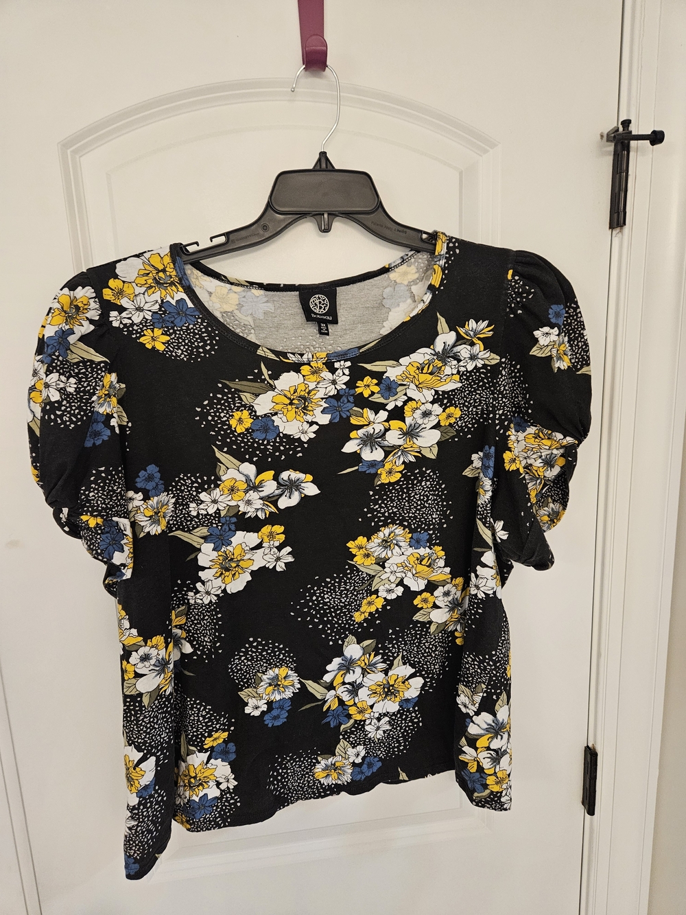 bobeau Black Floral Puff Sleeve Blouse with Yellow & Blue Flowers
